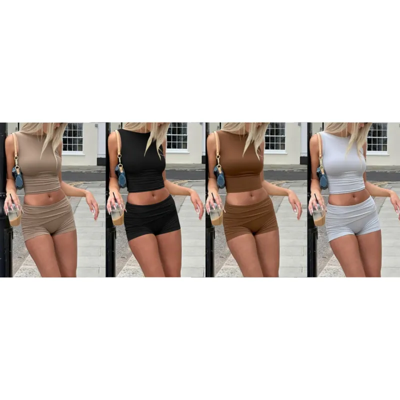 Two-piece Set Women's Solid Crop Top & Shorts (Just $3 a set!)