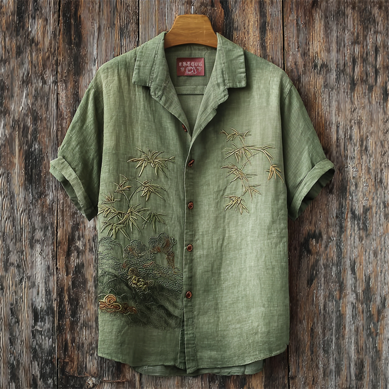 Japanese Bamboo Landscape Embroidered Linen Shirt