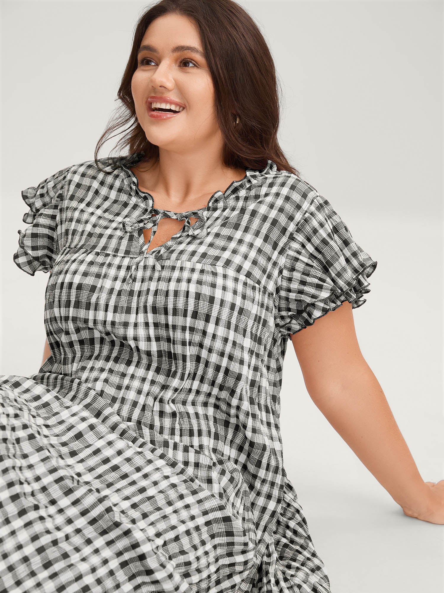 Sweet Plaid Pattern Pockets Mini Dress