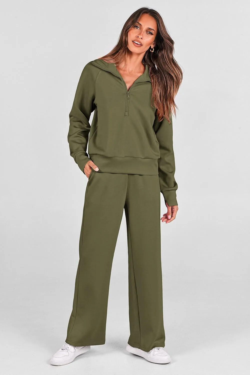 🔥Final Day Clearance!🛒Women's 2 Piece Outfits Casual Lapel Half Zip Sweatshirts And Wide Leg Pants Tracksuit Sets