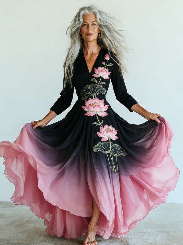 Embroidered Retro Loose Embroidered Printed Contrast Color Dress1524