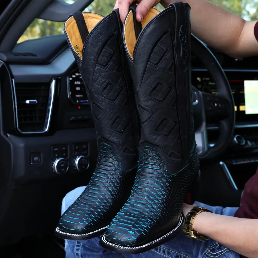 Black & Aqua Python Leather Boots - Square Toe