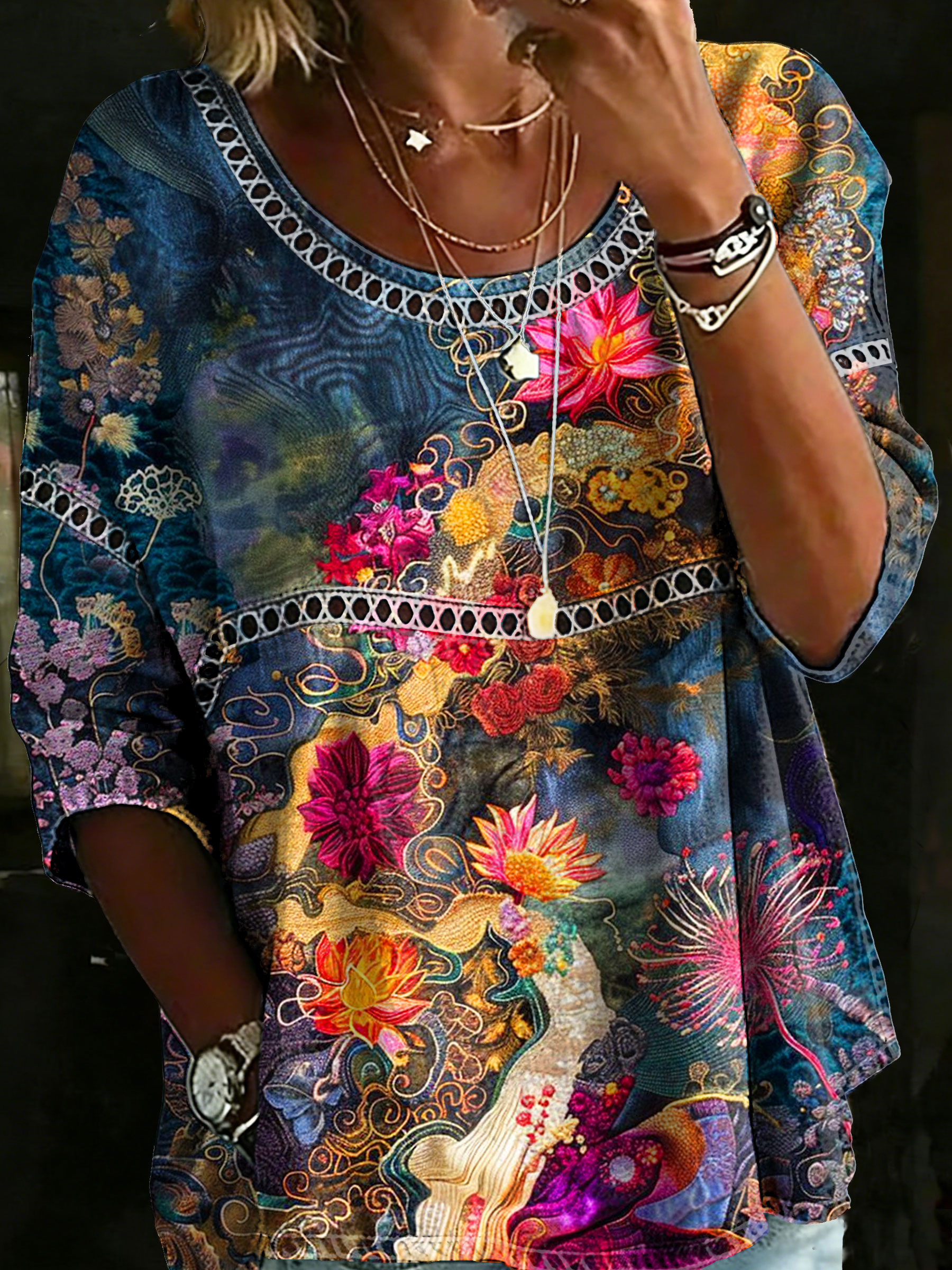 Women's Vintage Flower Casual Loose Denim Blouse Shirt