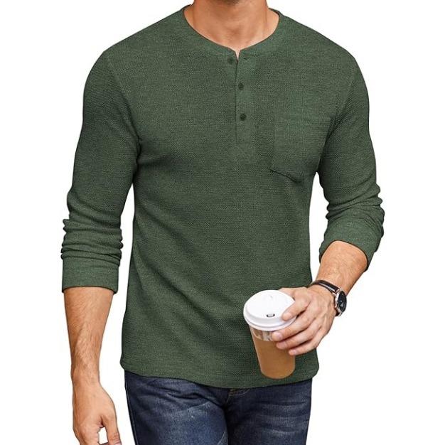 Men’s Long Sleeve Waffle Henley Shirt with Pocket
