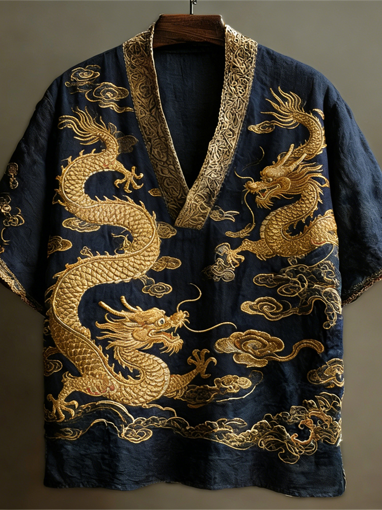 Japanese Dragon Totem Art Linen V-neck Shirt