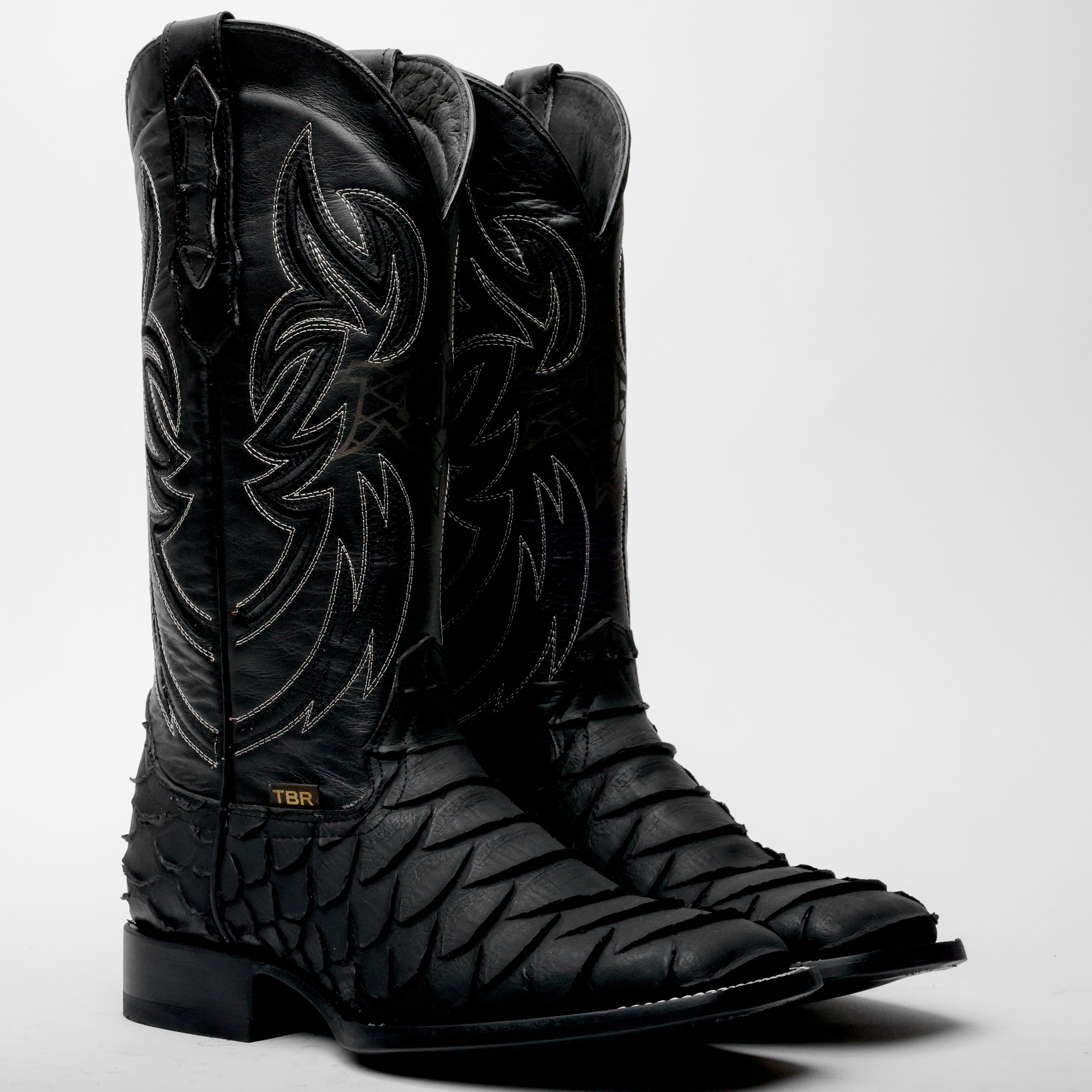 Black Jumbo Python Leather Boots - Square Toe