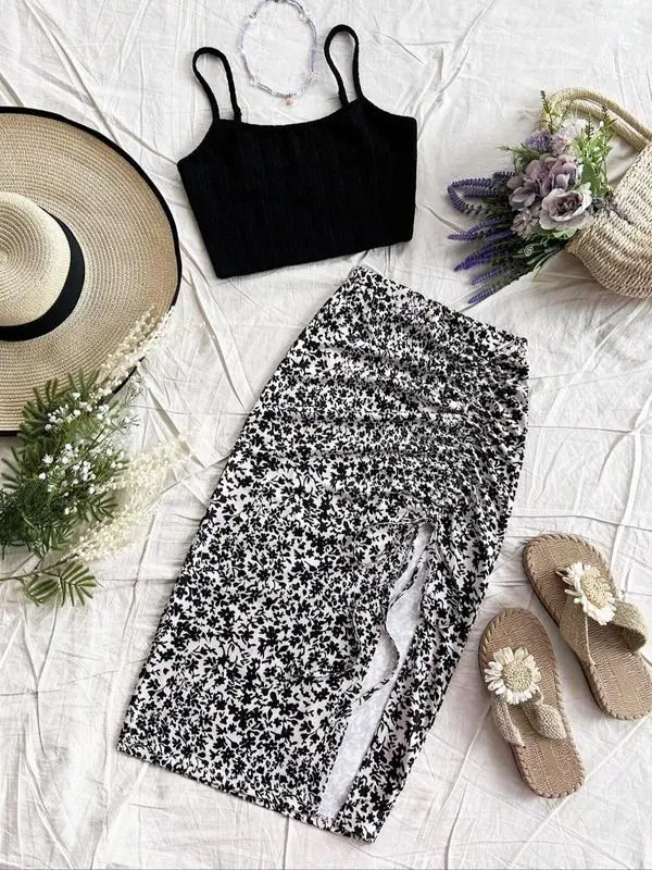 Women's Plain Cami Top & Ditsy Floral Print Ruched Drawstring Skirt