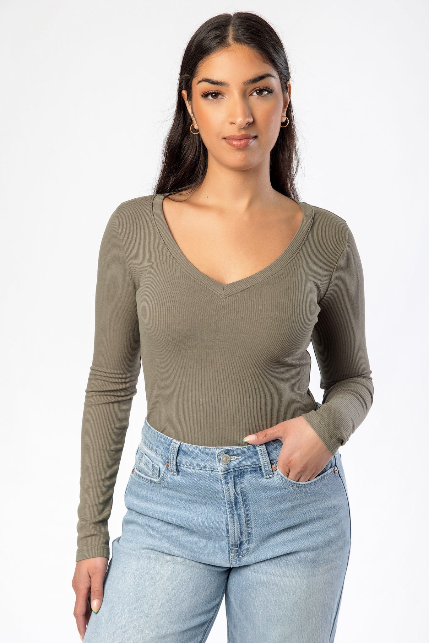 Ribbed V-Neck Long-Sleeve Tee