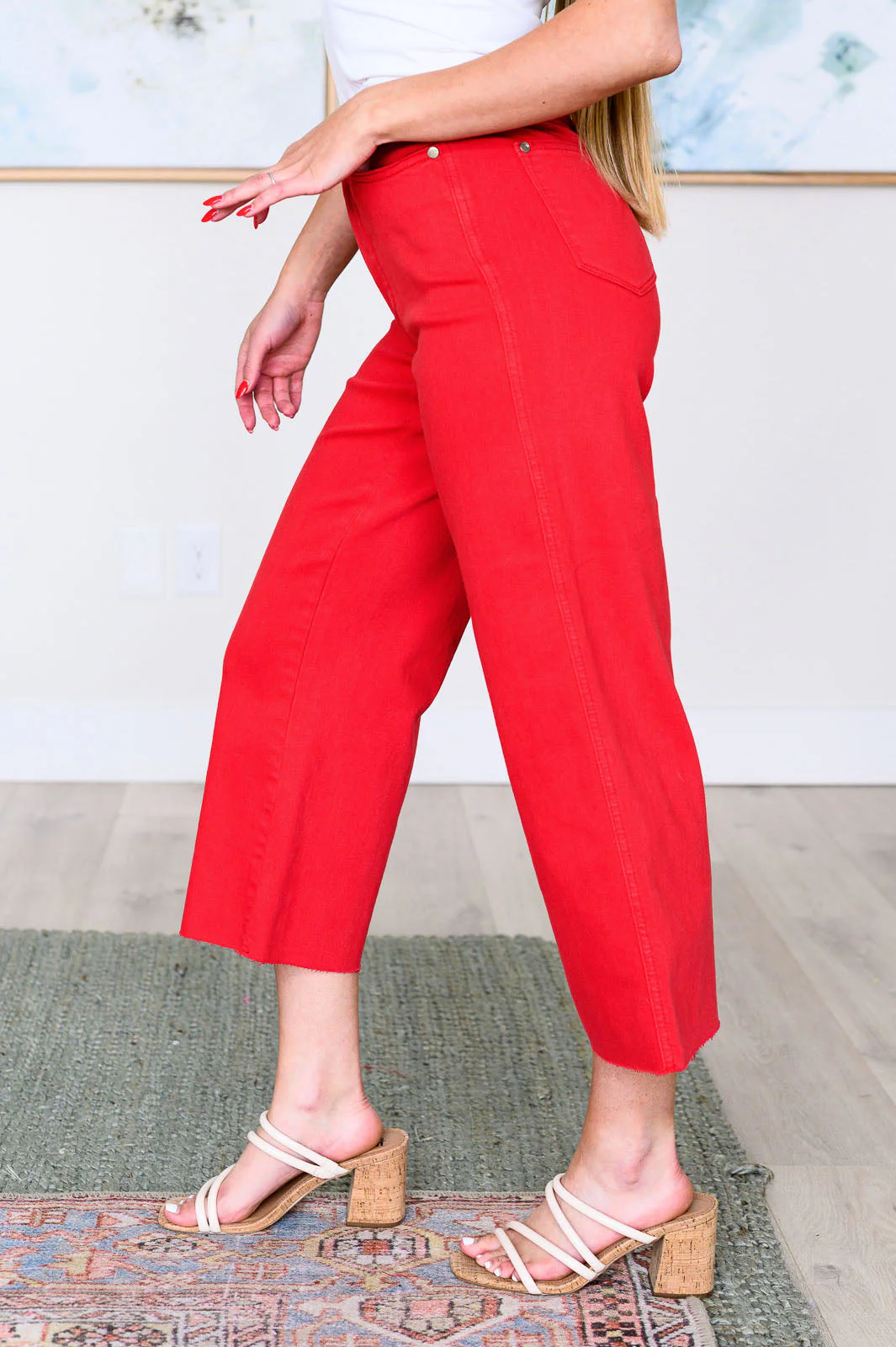 High Rise Control Top Wide Leg Crop Jeans in Red
