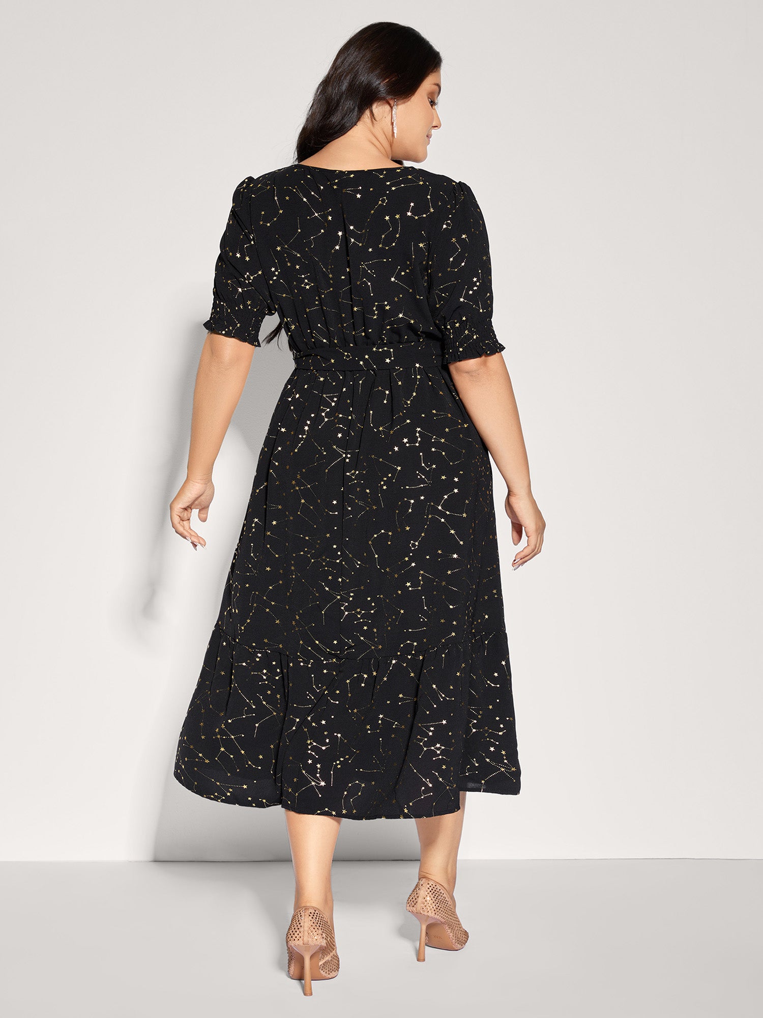 Shimmery Star Print Stretchy-Waist Midi Dress