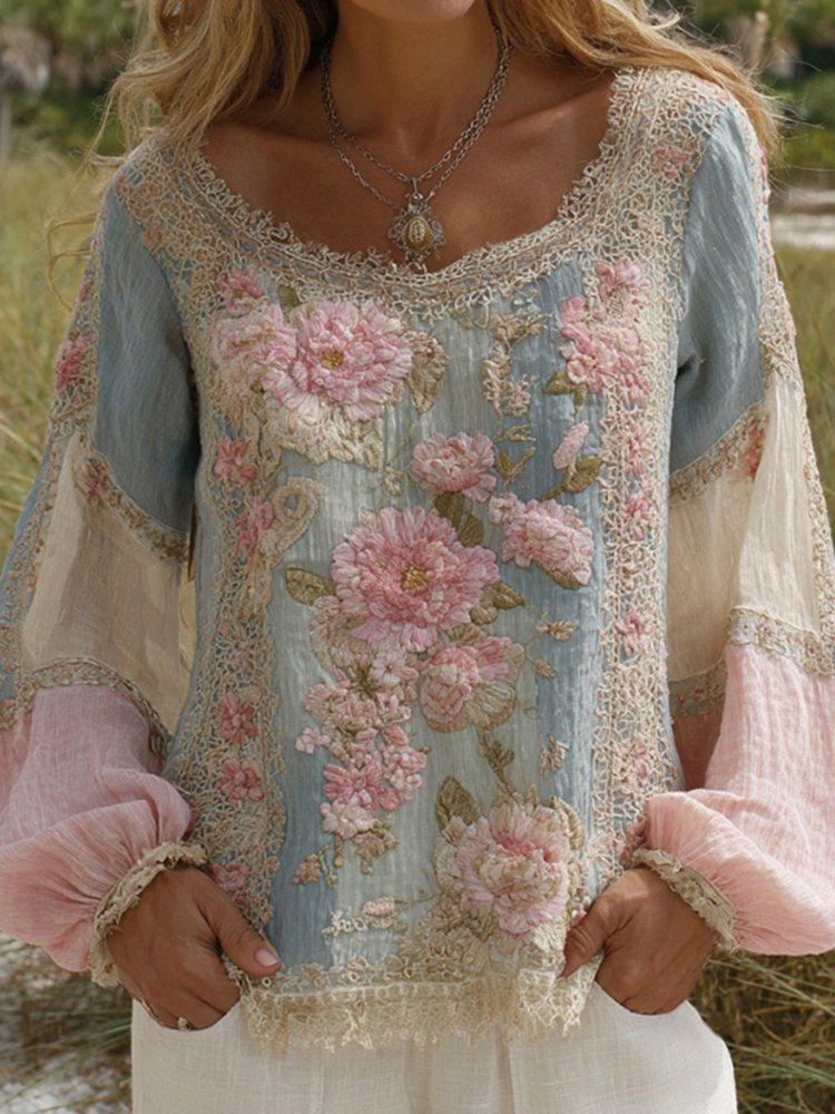 Women's Floral Embroidered Round Neck Comfortable Top