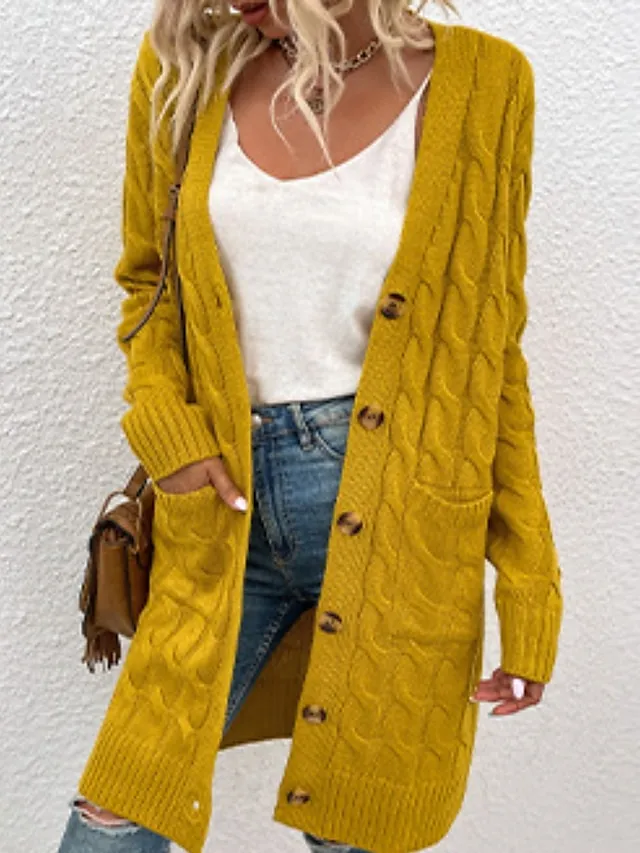 Women's Cardigan Sweater Cowl Cable Knit Faux Fur Button Pocket Summer Fall Long Daily Holiday Going out Stylish Casual Soft Long Sleeve Solid Color Black Yellow Light Green S M L