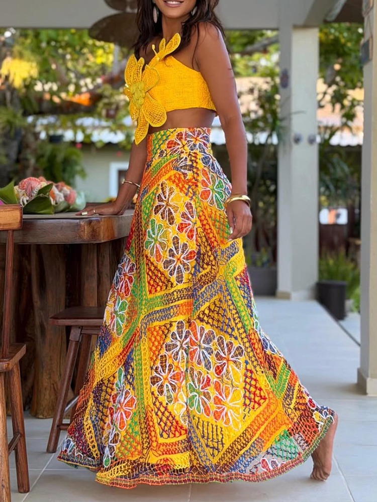 Women Strapless Floral Top + Skirt Resort Casual Style Set