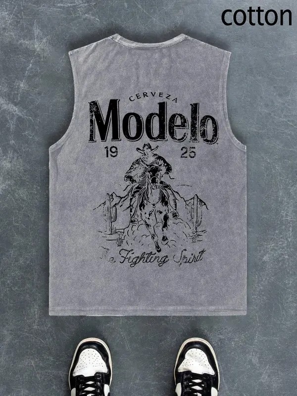 Men’s Cartoon Cowboy Graphic Tank Top – Casual Sleeveless Cotton Shirt for Summer