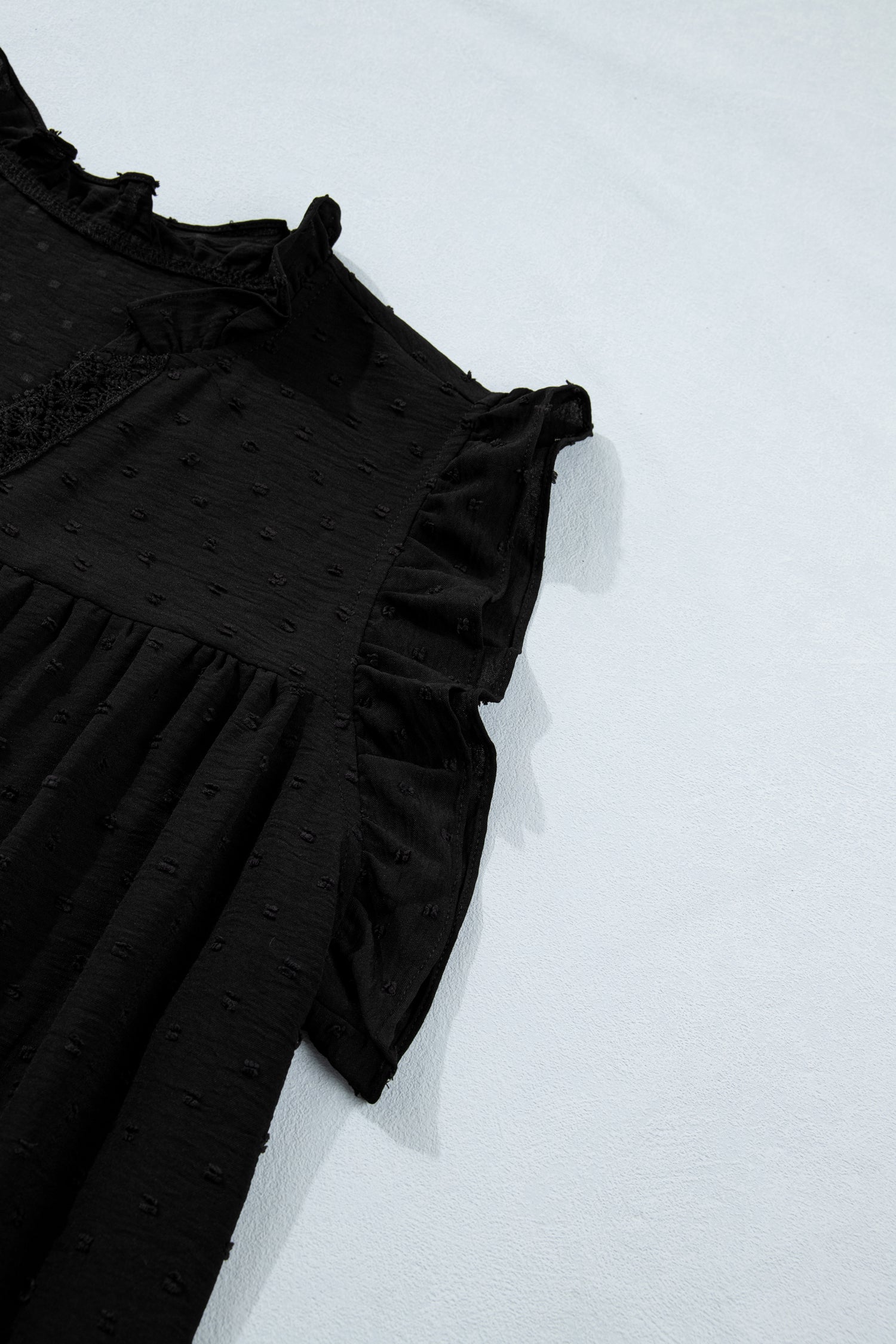 Black Plus Size Swiss Dot Ruffle Lace Trim V Neck Tank Top