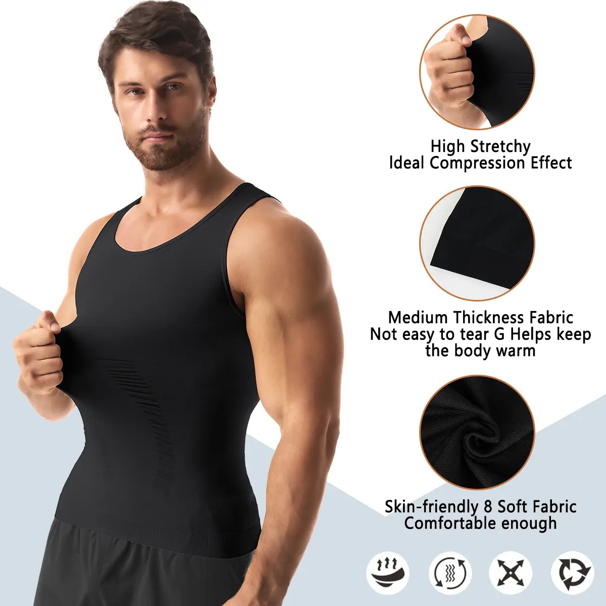 Menswear Compression Shirt Tummy Control Workout Tank Tops Shapewear Body Shaper Breathable Elastic Lightweight Soft Stretchy Shirt Suits Fabric Clothes Athletic Activewear