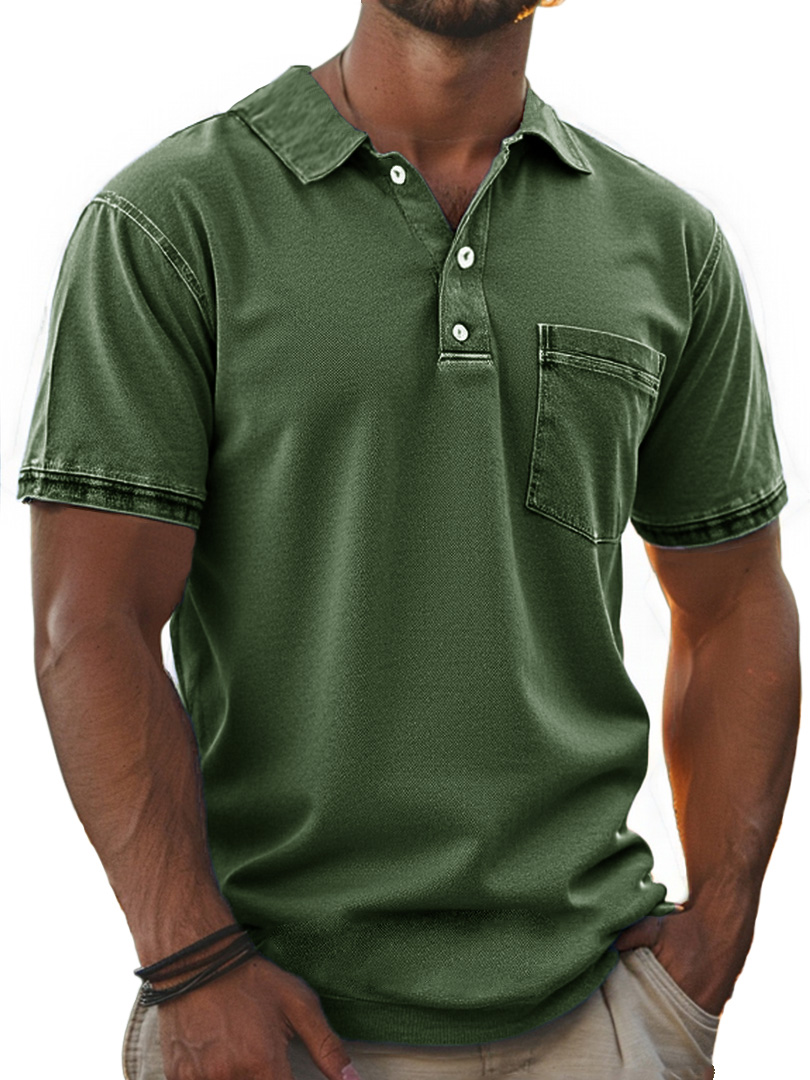 Men's Stylish Retro Pure Cotton Distressed Fabric Pocket Lapel Polo Shirt