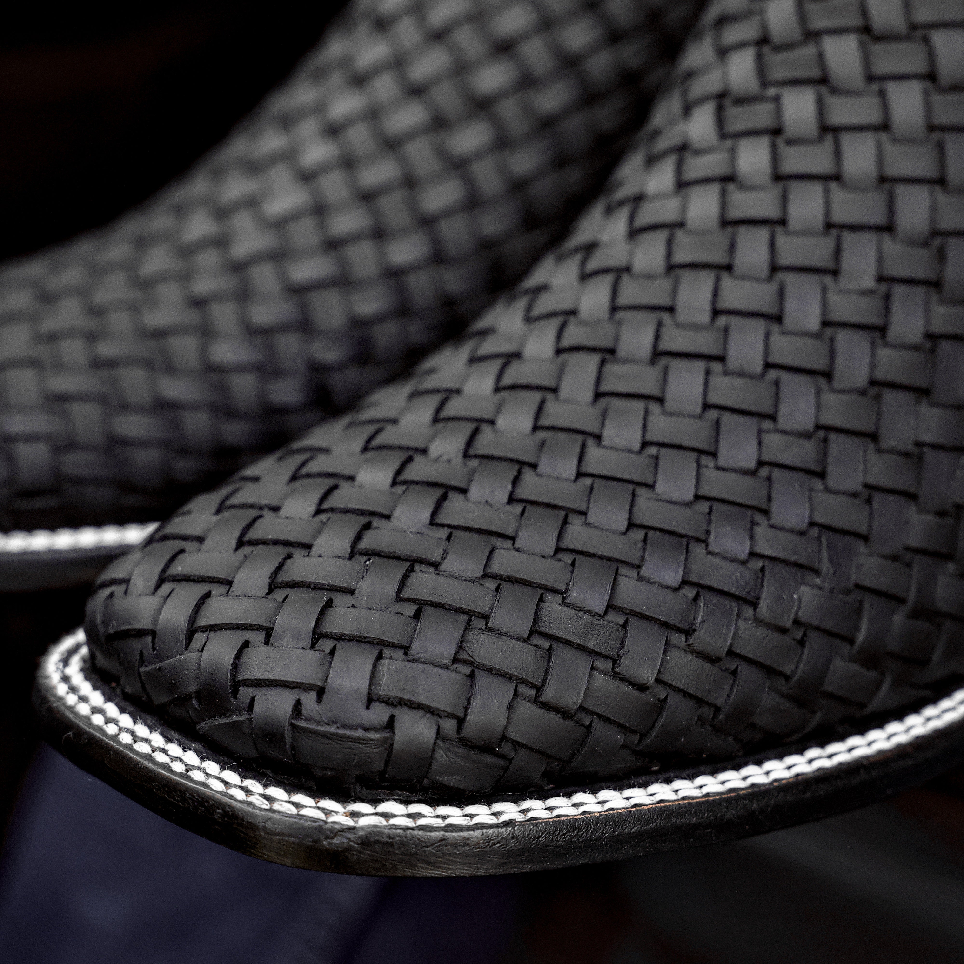 Matte Black Basketweave Leather Botines - Square Toe