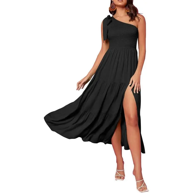 Women's One-Shoulder Smocked Midi Dress – Summer Sleeveless Knot Design with Tiered Flowy Skirt & Side Slit