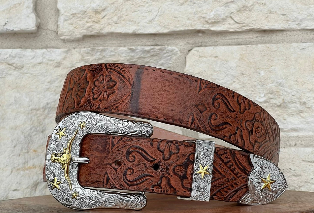 Cognac Hand-Tooled Leather Belt