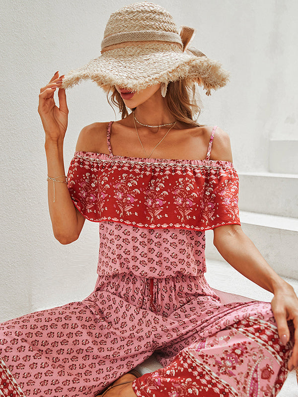 Women Wide Leg Floral Printed Bohemia Jumpsuit