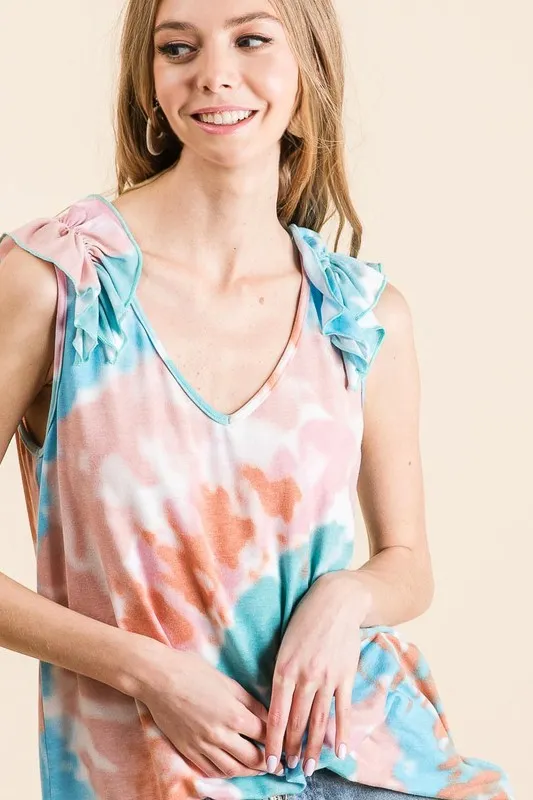 Circular Tie Dye Knit V Neck Top With Ruffle