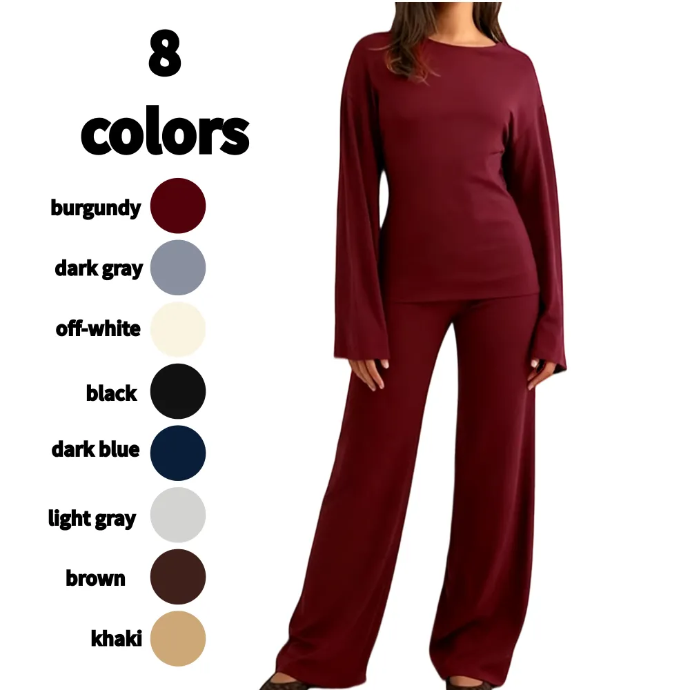 Women's Fall Round Neck Flare Top & Elastic-Waist Pants Set