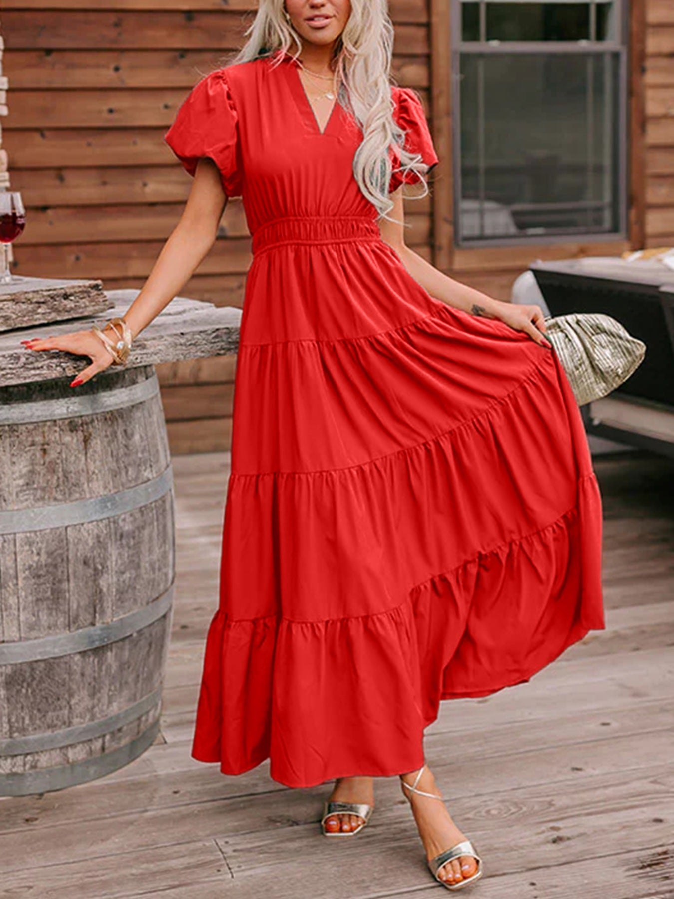 Puff Sleeve Tiered Maxi Dress