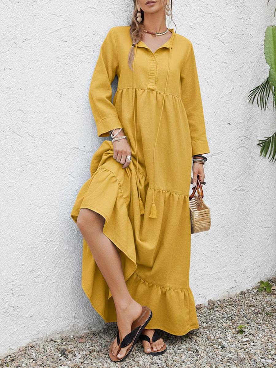 Women's Solid Color Round Neck Long Sleeve Casual Loose Cotton Linen Dress