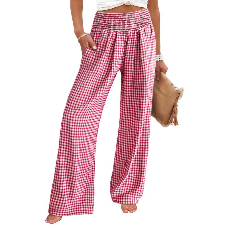 Women’s Gingham High-Waist Palazzo Lounge Pants with Pockets