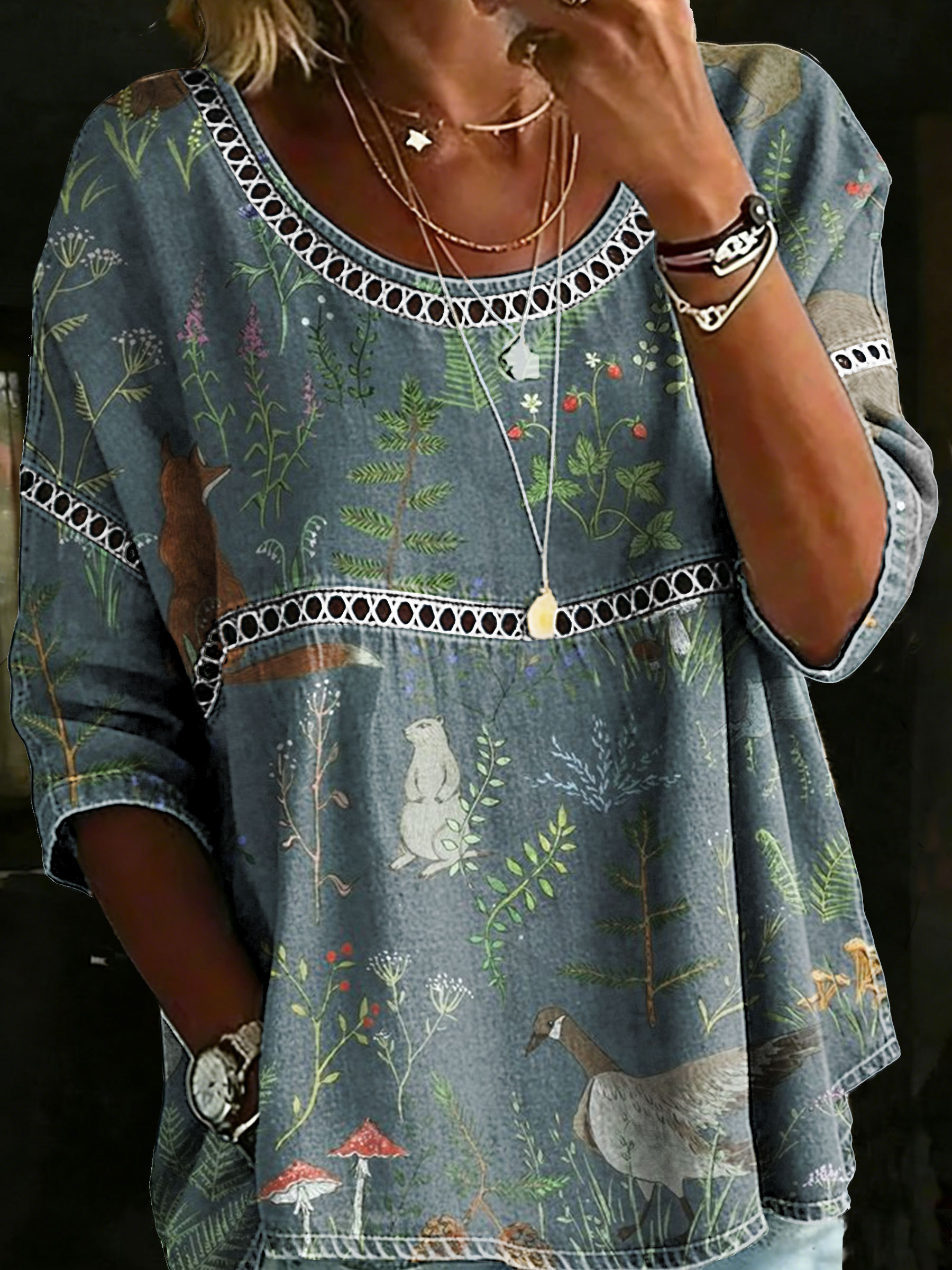 Women's Vintage Forest Animal Casual Loose Denim Blouse Shirt