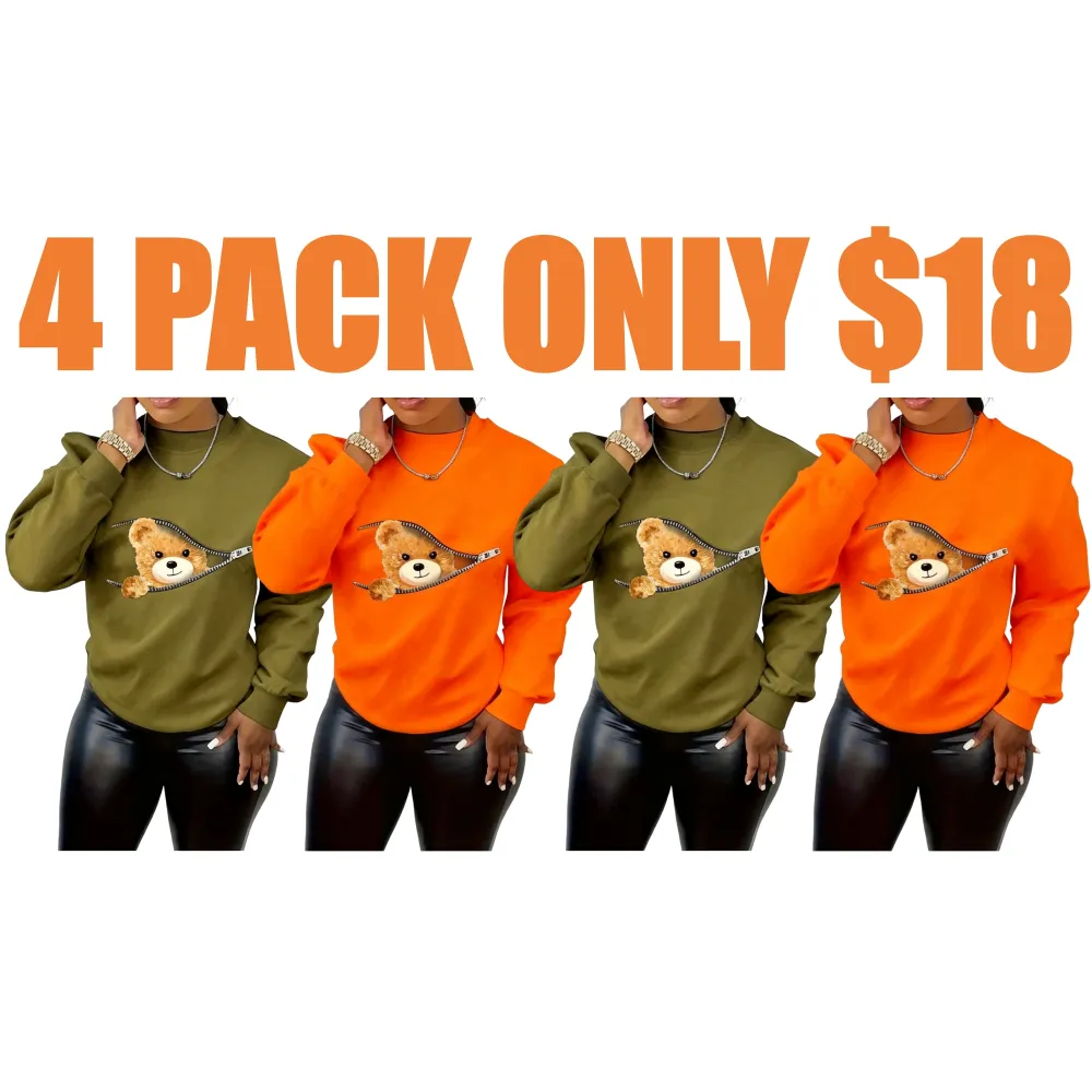 Women's Cartoon Bear Print Drop Shoulder Longsleeves