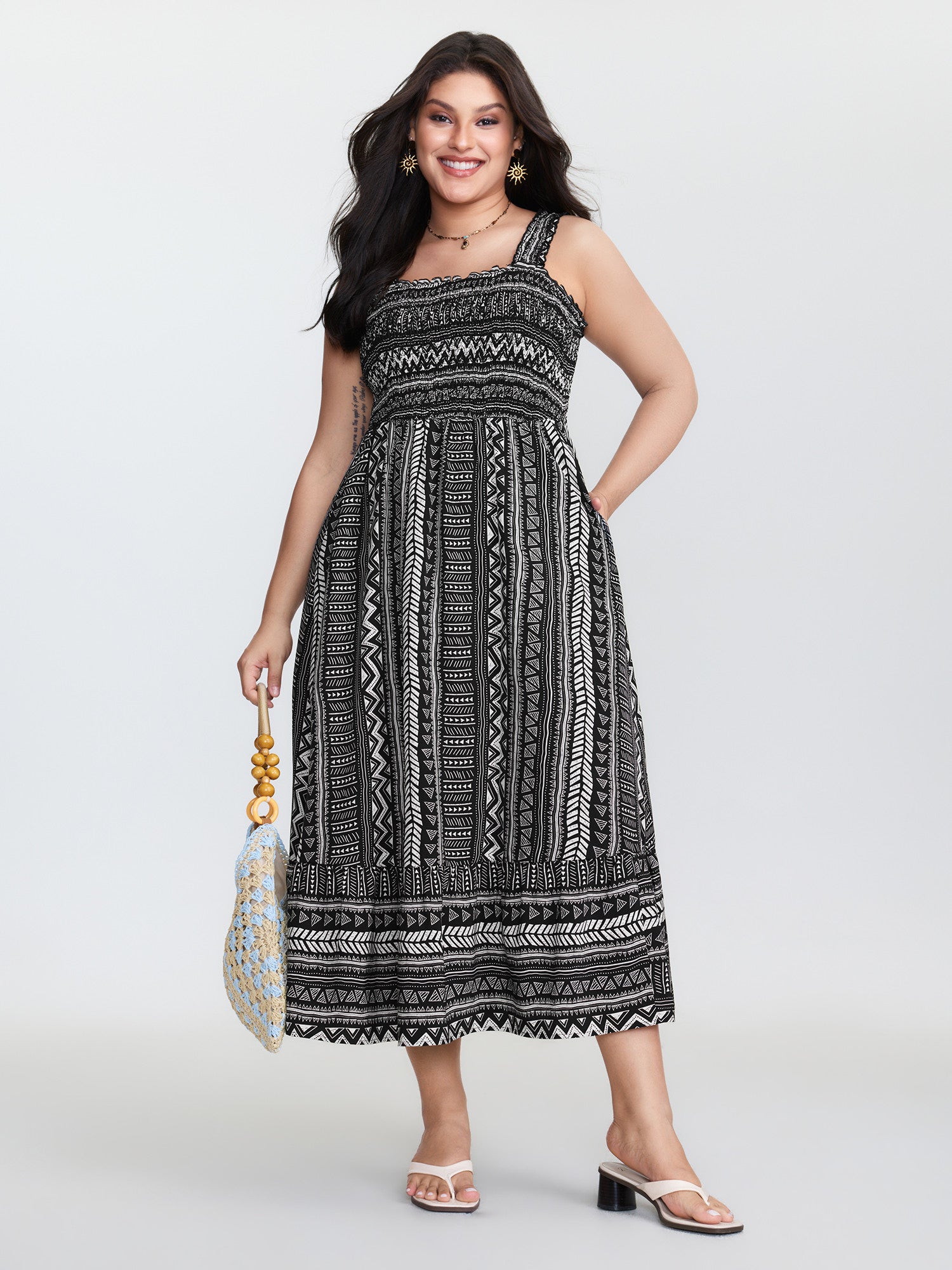 Monochrome Striped Shirred Wide-Straps Midi Dress