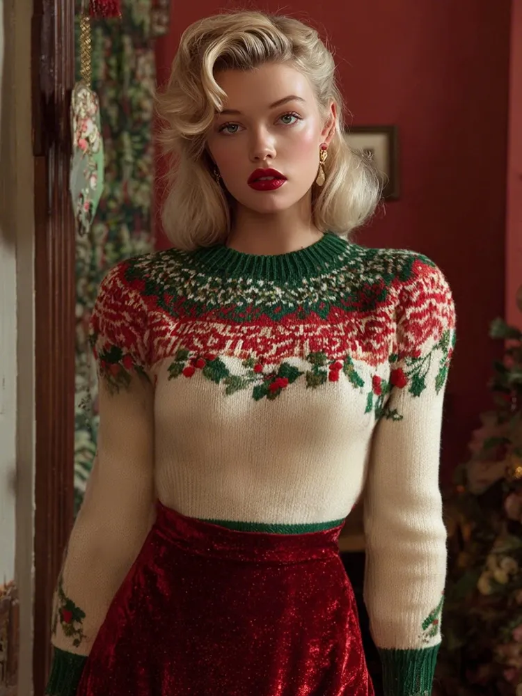 Women's Vintage Christmas Holly Leaves Fair Isle Holly Leaf Jacquard Sweater