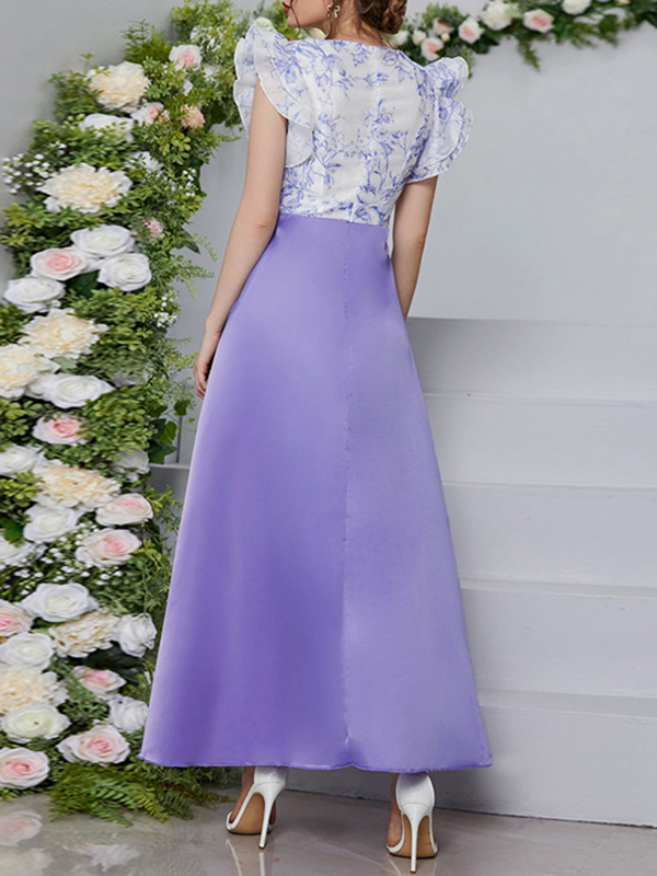 Printed Split-Joint High Waisted Petal Sleeves Deep V-Neck Maxi Dresses