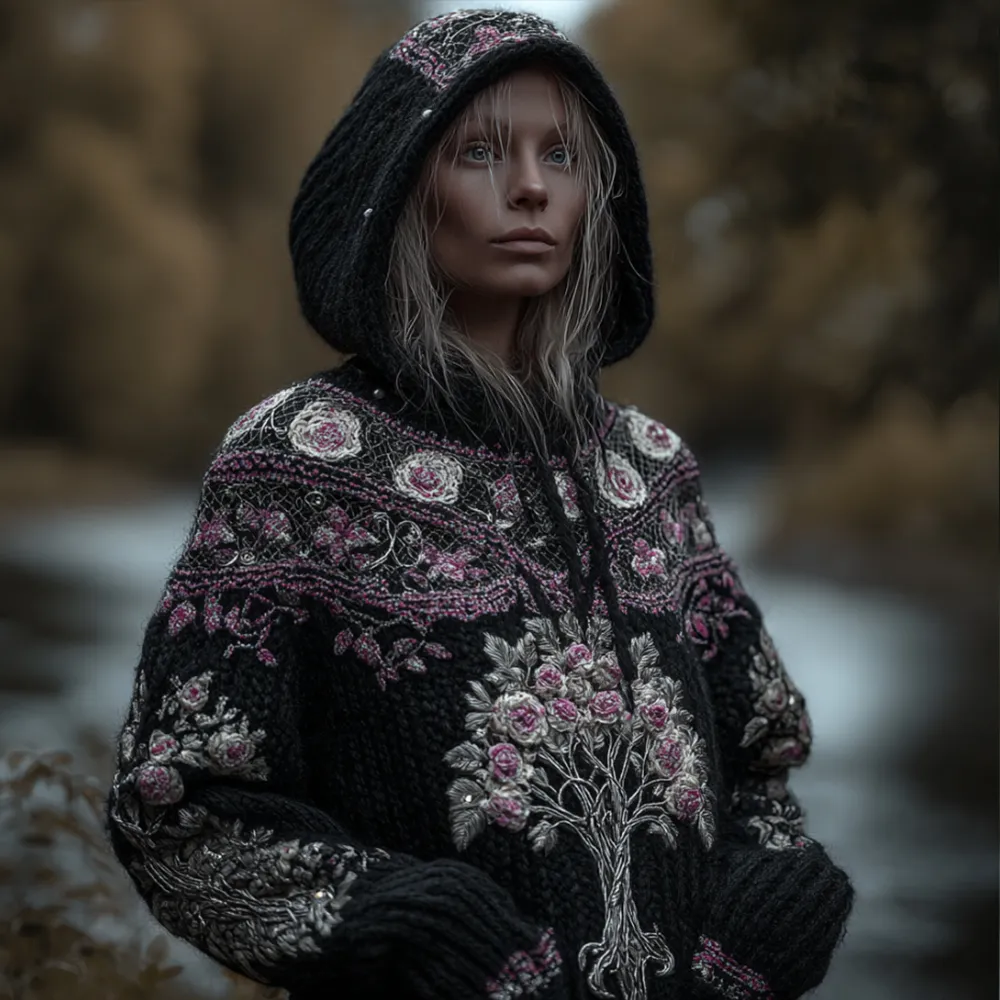 Women's Viking Style Tree Of Life And Patterned Black Warm Hooded Sweater