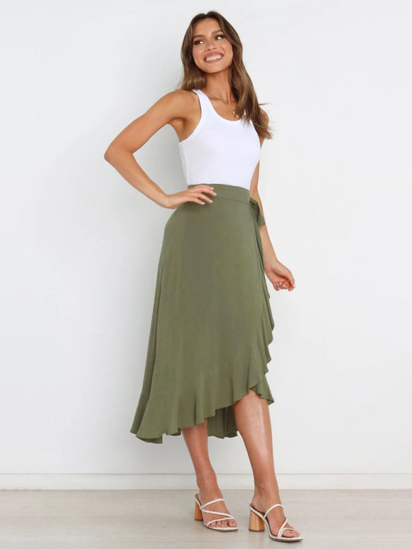 Waist Tie Solid Color Irregular Midi Flare Skirt