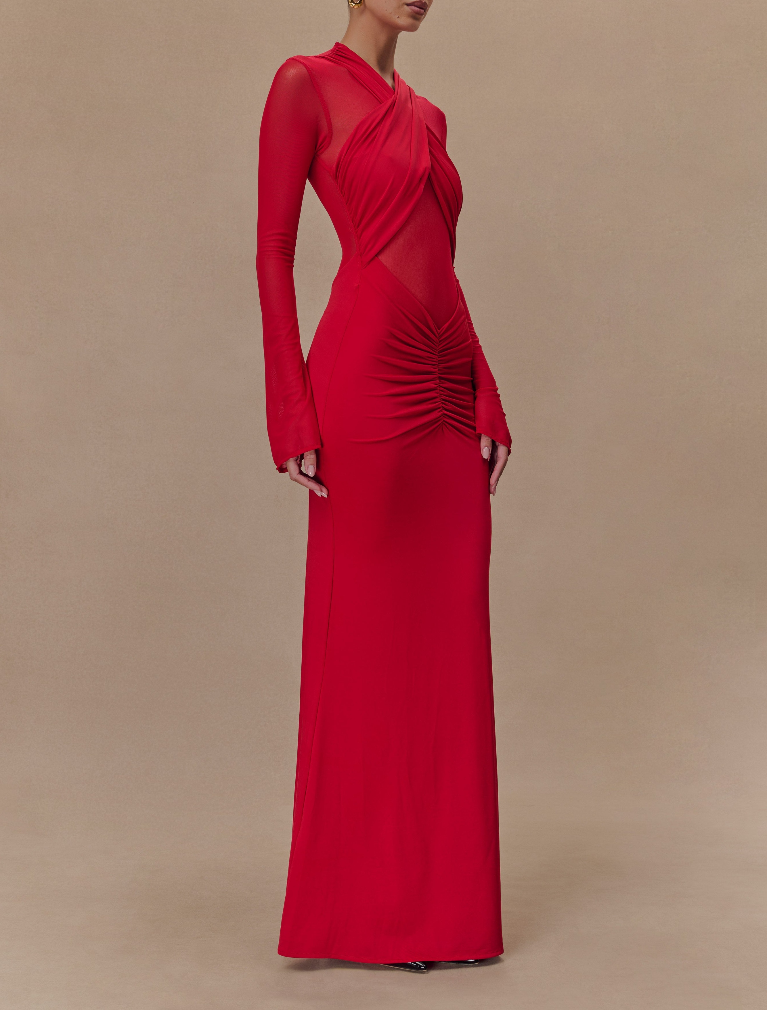 Ruby Slinky And Mesh Long Sleeve Maxi Dress
