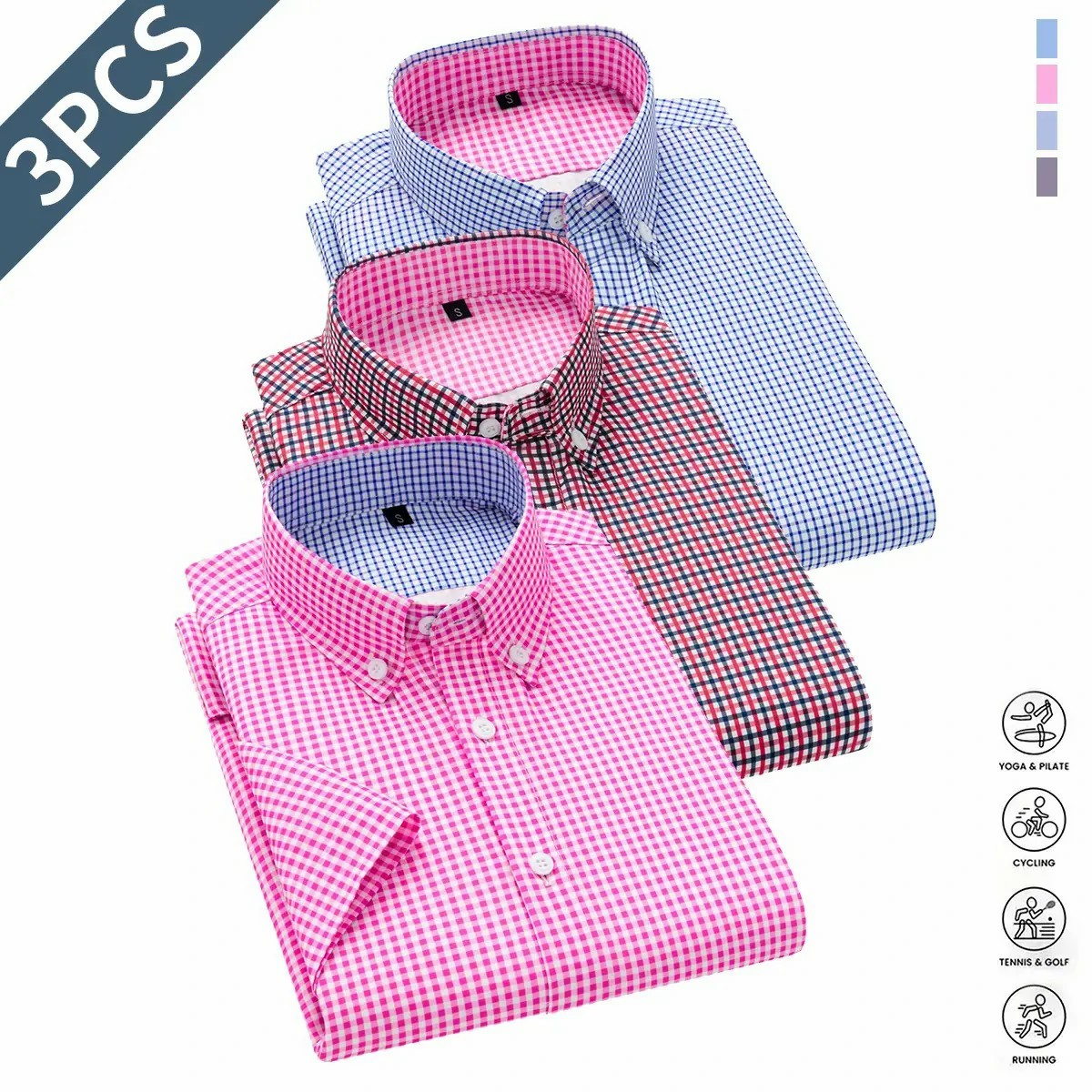 3pcs Men's Shirt Short Sleeve Business Formal Striped Solid Color