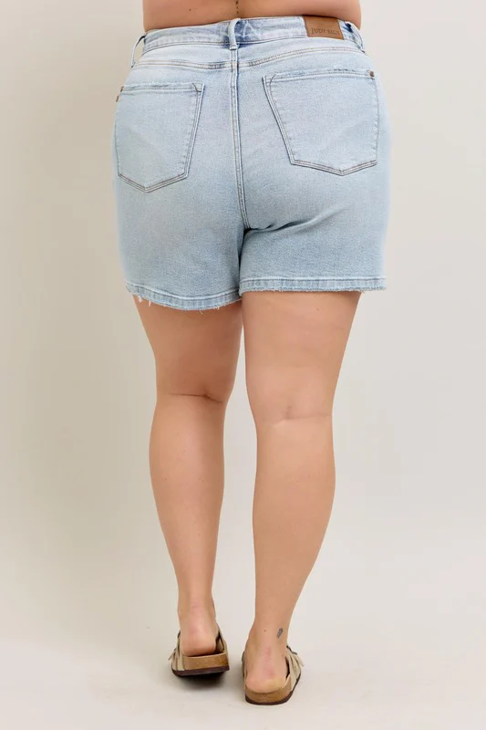 Frayed Hem High Rise Denim Shorts with Pockets