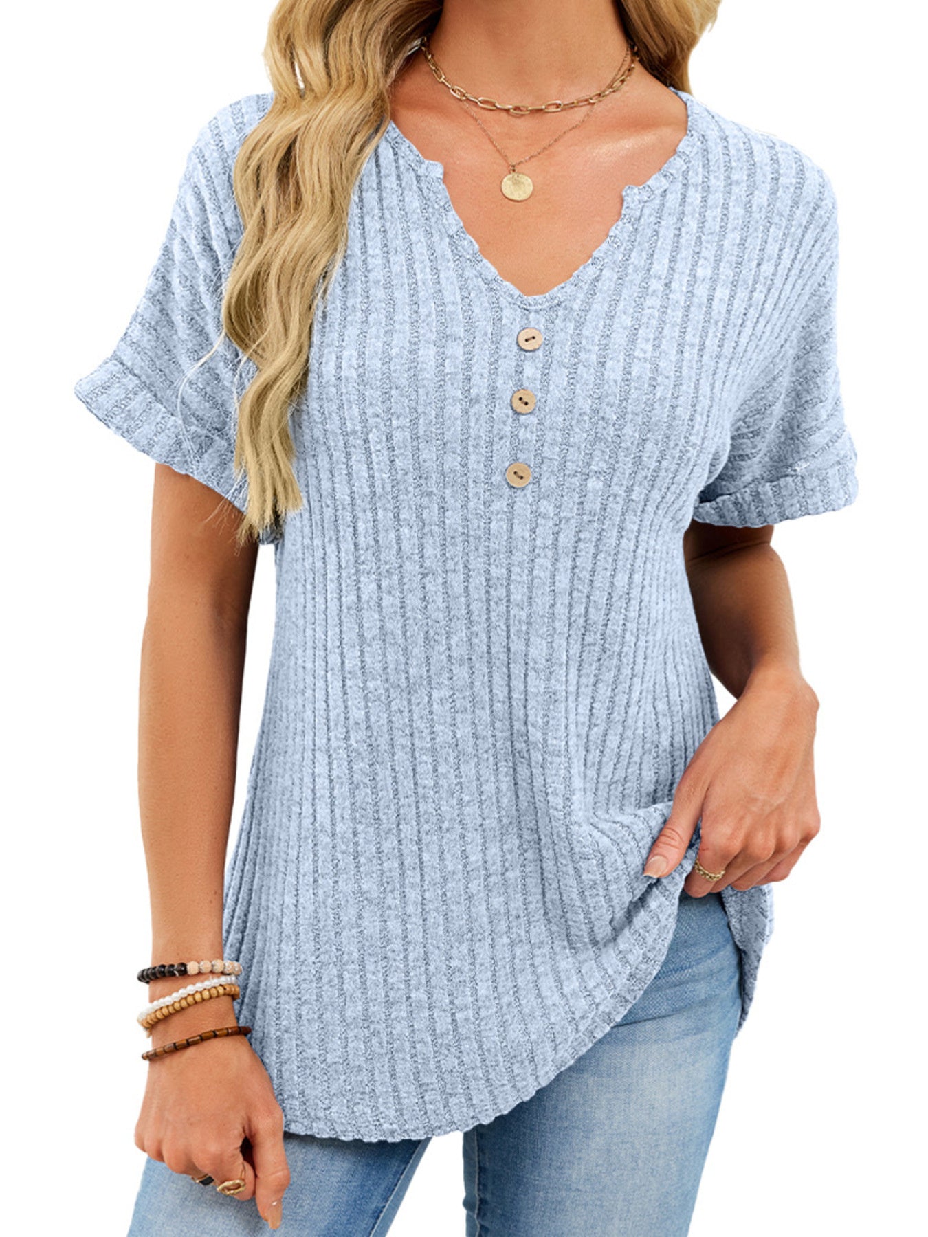 Ribbed Knit Short Sleeve T-Shirt