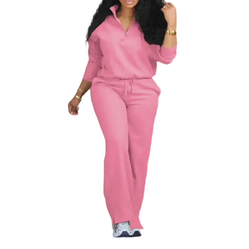 Women's Solid Half Placket Split Hem Pants Set