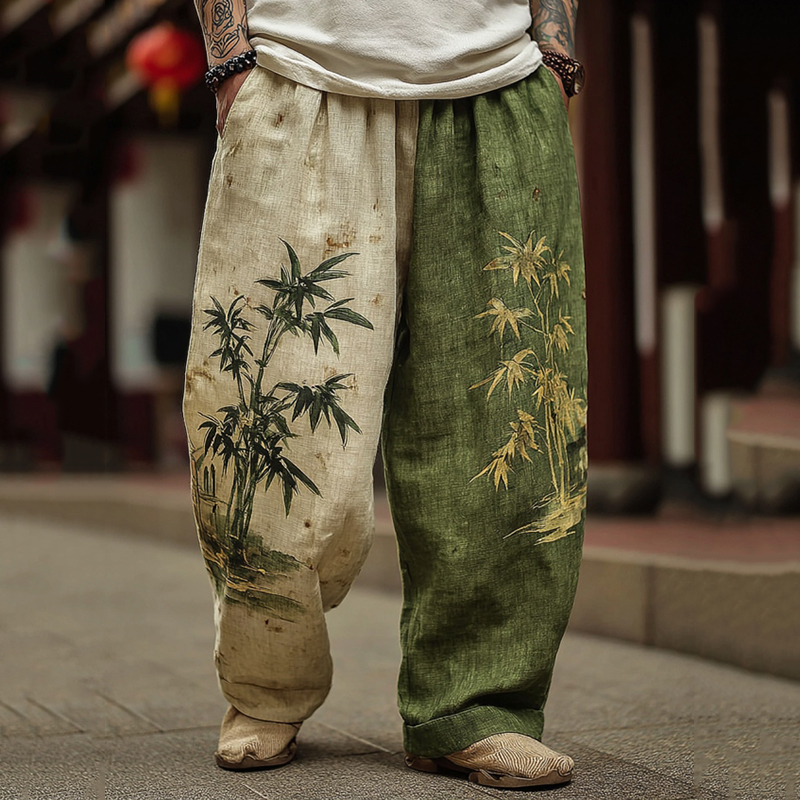 Men's Japanese Bamboo Art Contrast Wide Leg Linen Pants