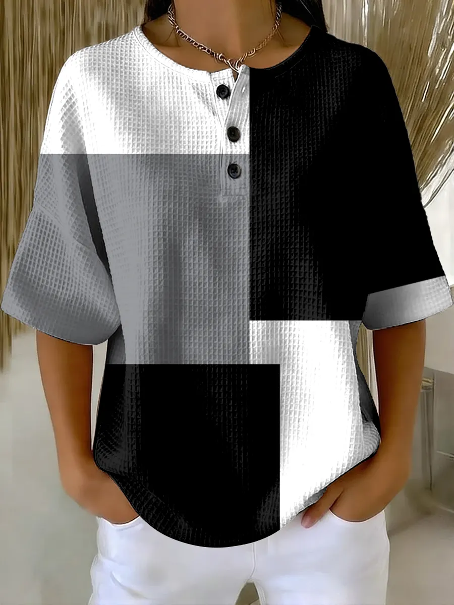 Women's Geometric Pattern Art Print Casual Waffle Cotton Shirt
