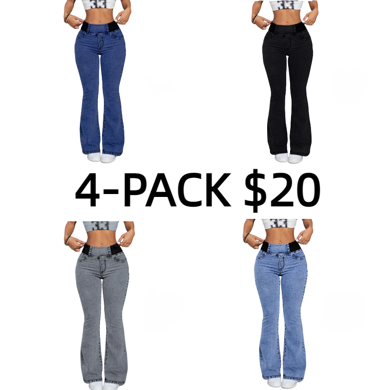 2026 Women's Back Shirred Jeans, Mid - Rise Elasticity Waist Flared Jeans, With Pockets