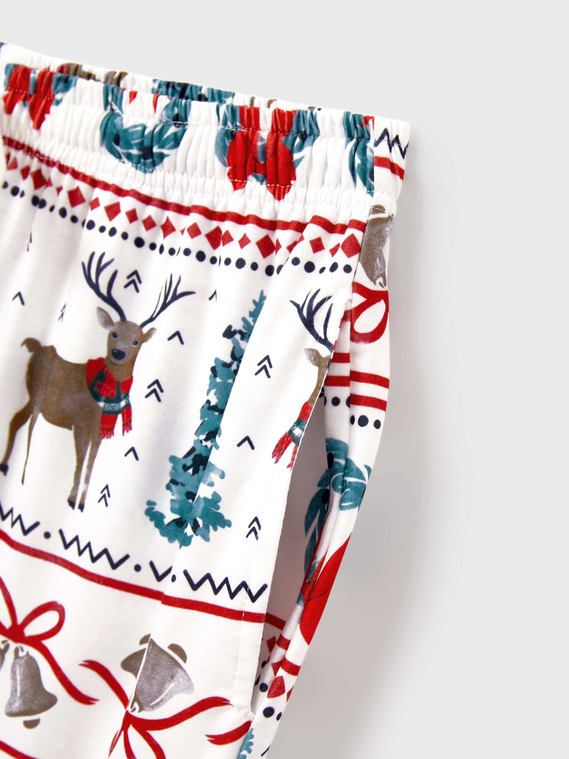 Christmas Matching Family Pajamas Set Christmas Elk and Bell Print Striped PJS with Christmas Socks White