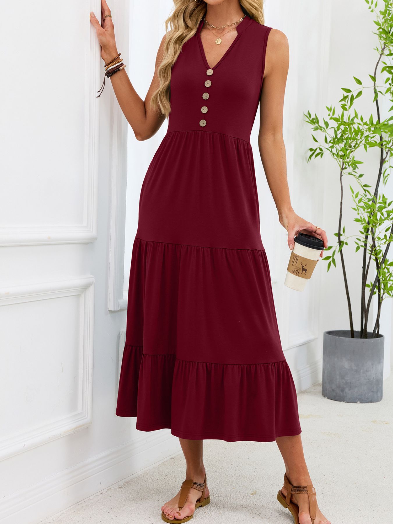 Ruffled Notched Tiered Midi Dress
