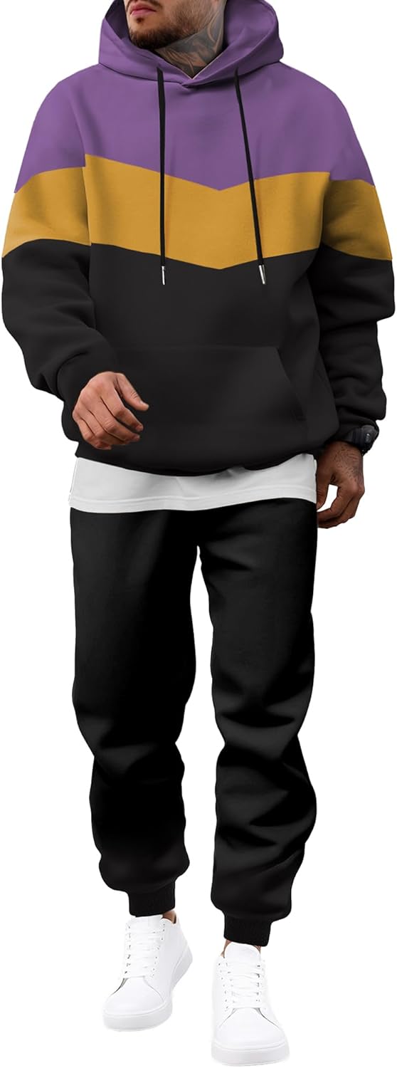 Men's Hoodie Tracksuit 2 Pieces Set Novelty Color Block Pullover Fleece Hoodies Long Sleeve Casual Sweatshirt