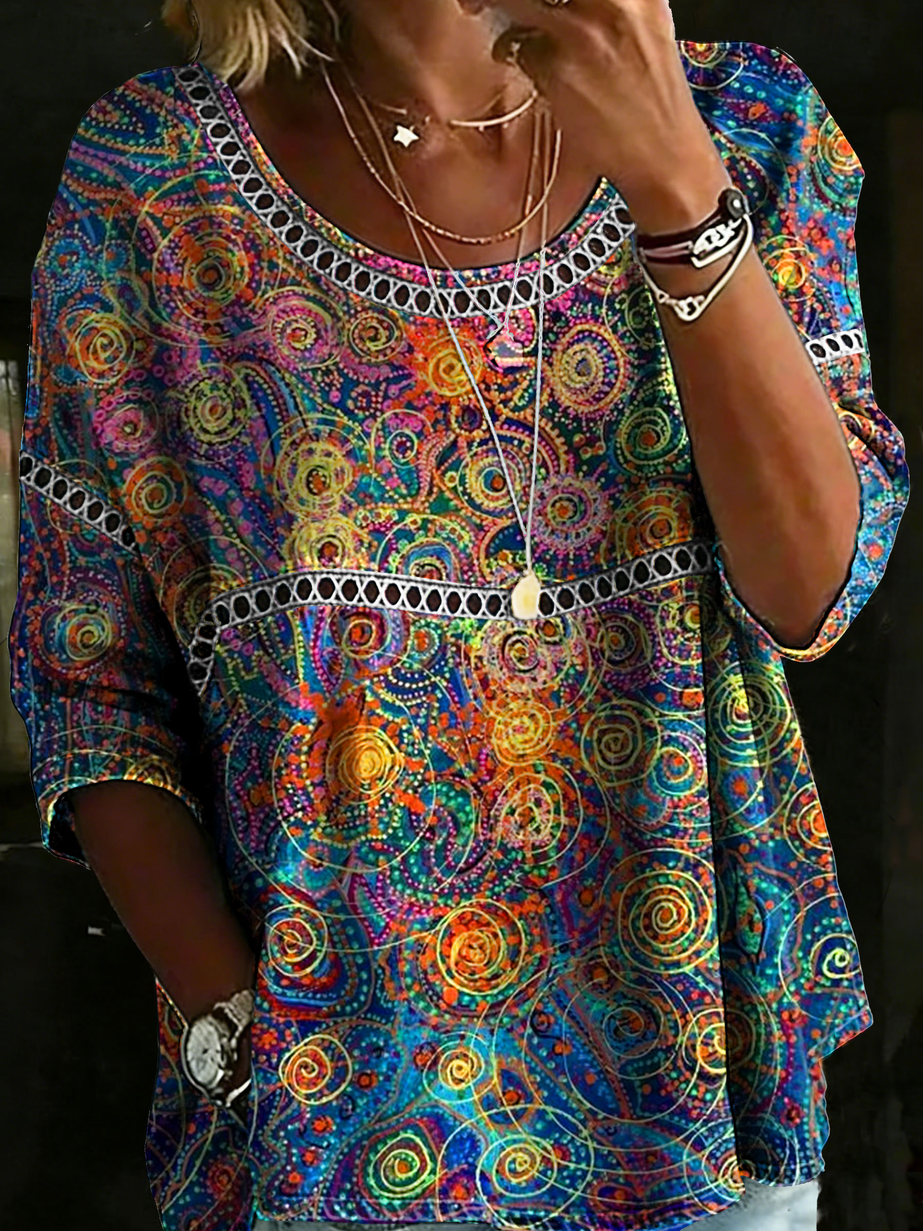 Women's Multcolor Abstrct Circle Casual Loose Denim Blouse Shirt