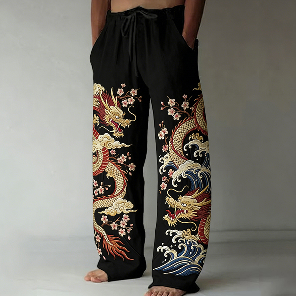 Men's Japanese Dragon & Cherry Blossom Art Comfy Linen Pants